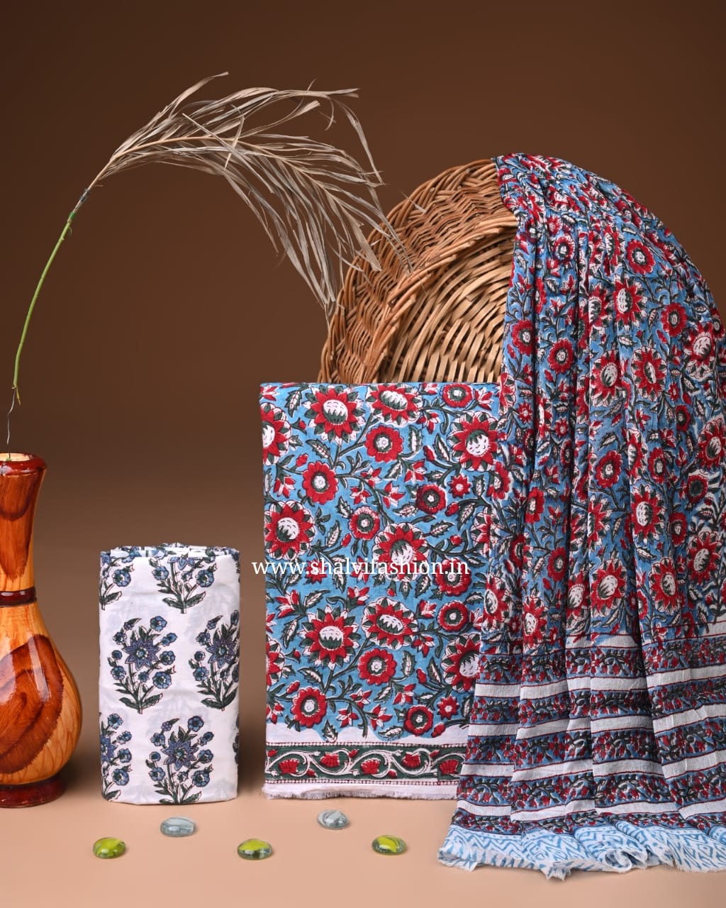 Shop block printed pure cotton suits with chiffon dupatta (PCHF637)