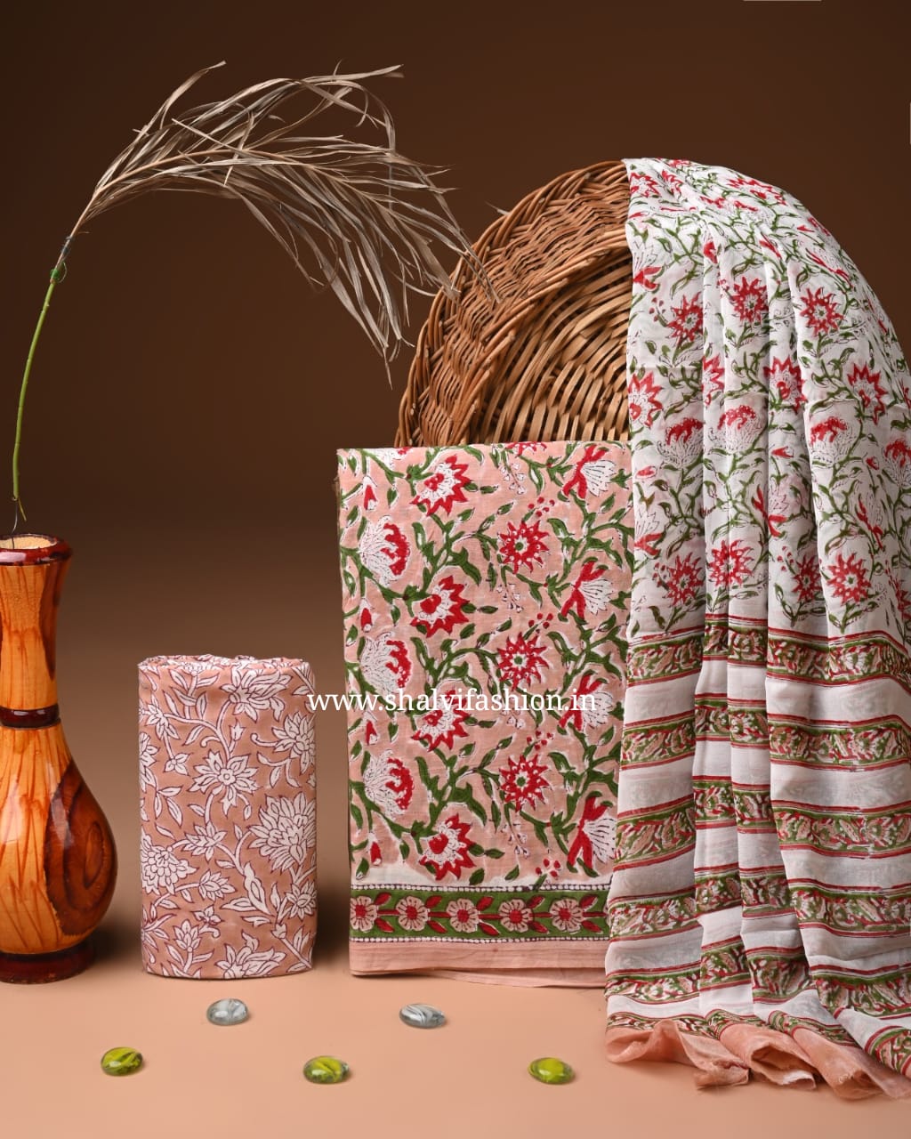 Shop hand block printed cotton suits with chiffon dupatta (PCHF642)