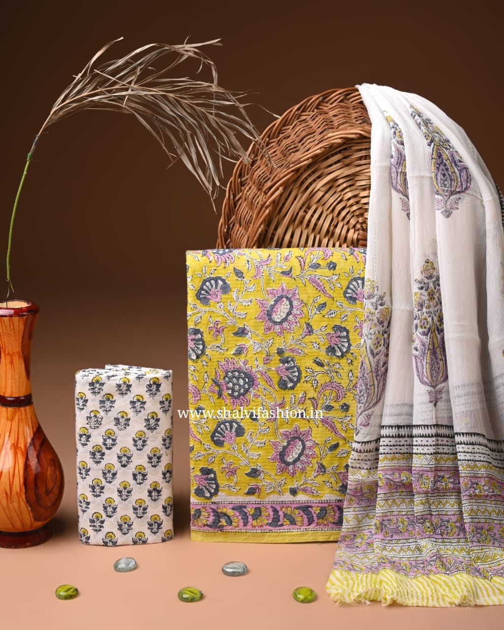 Shop hand block print cotton suits with mulmul dupatta (PCHF643)