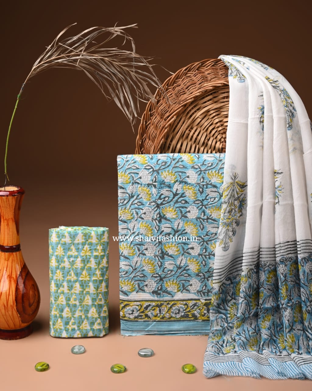 Shop block print cotton suits with chiffon dupatta (PCHF648)