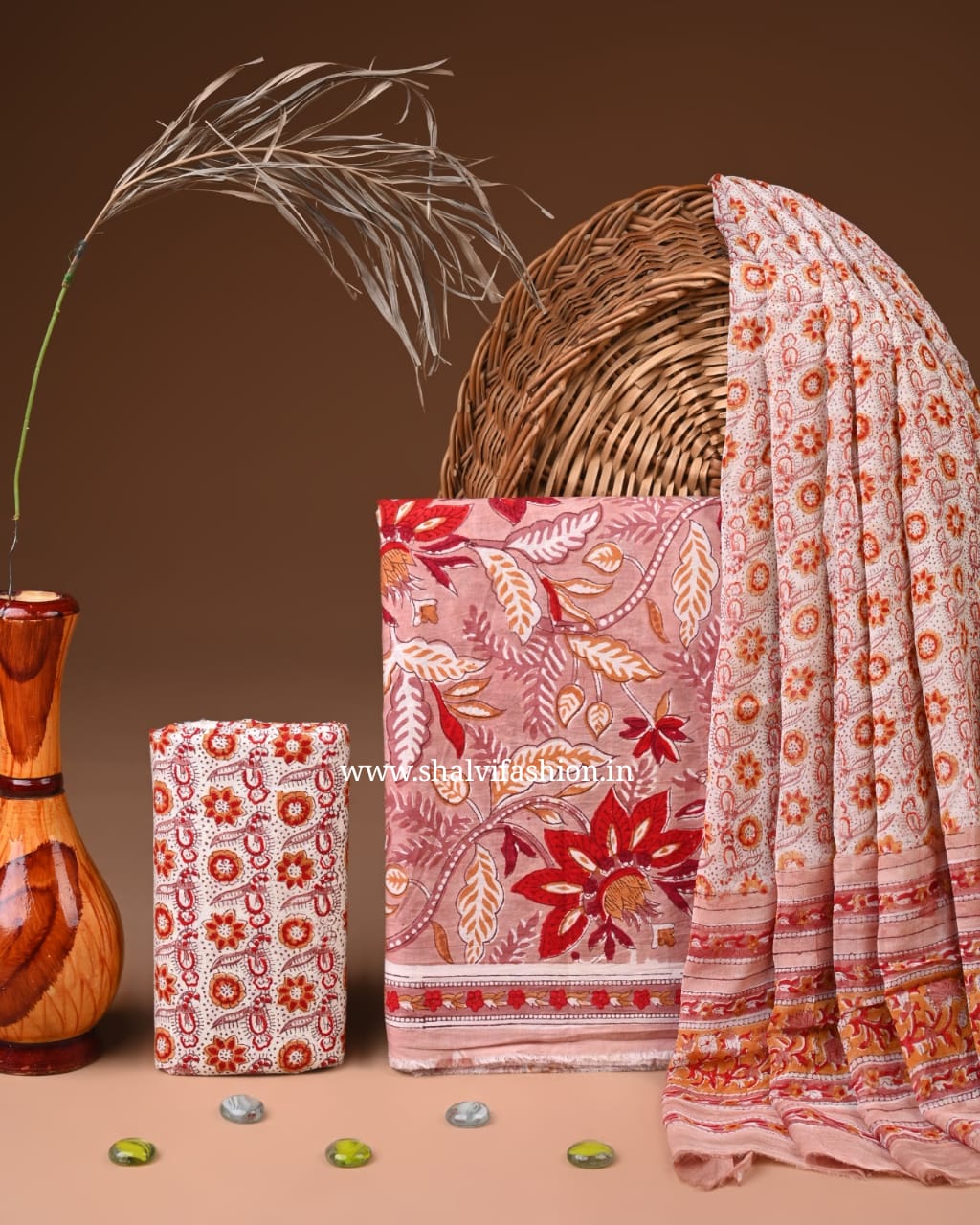 Shop hand block print cotton suits with chiffon dupatta online (PCHF655)