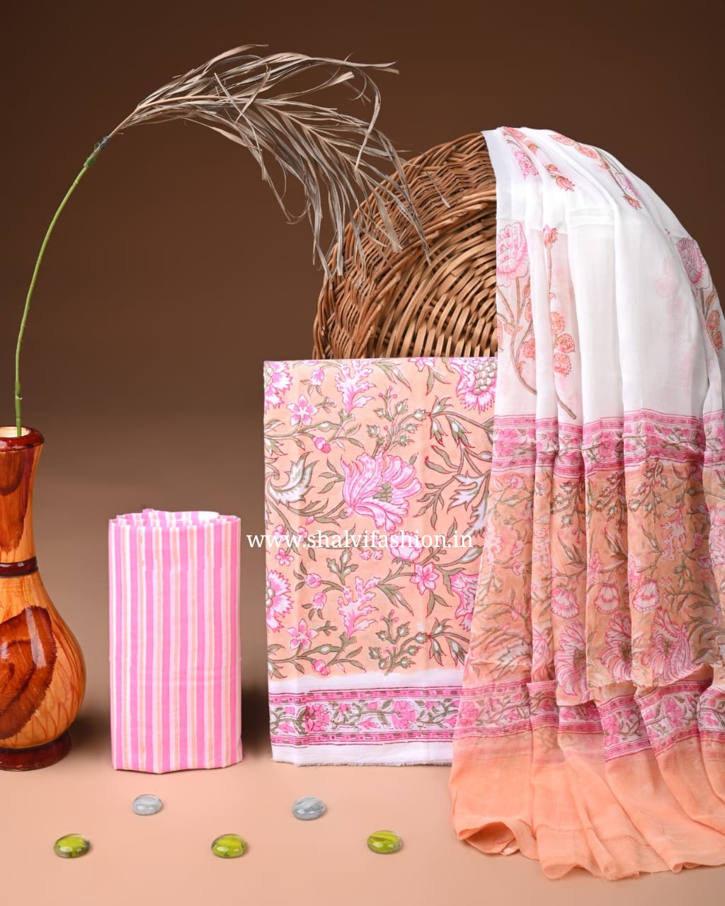 Shop jaipuri print cotton suits with chiffon dupatta (PCHF662)