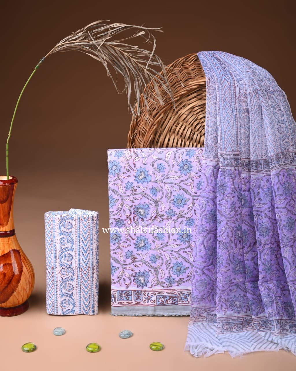 Shop hand block print cotton suits with chiffon dupatta (PCHF663)