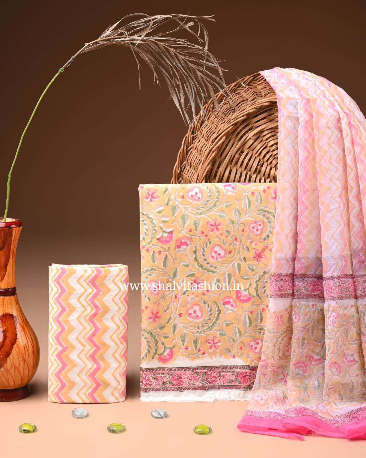 Shop sanganeri print cotton suits with chiffon dupatta (PCHF711)