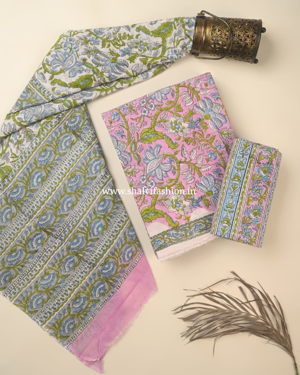 Shop block printed cotton suits with mulmul dupatta (PRMUL561)