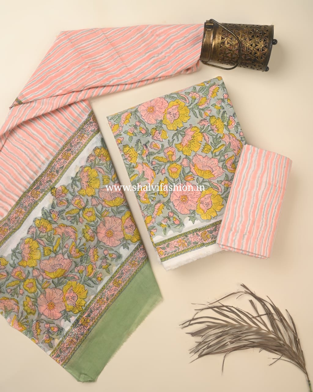 Shop unstitched block print cotton suits with mulmul dupatta (PRMUL562)