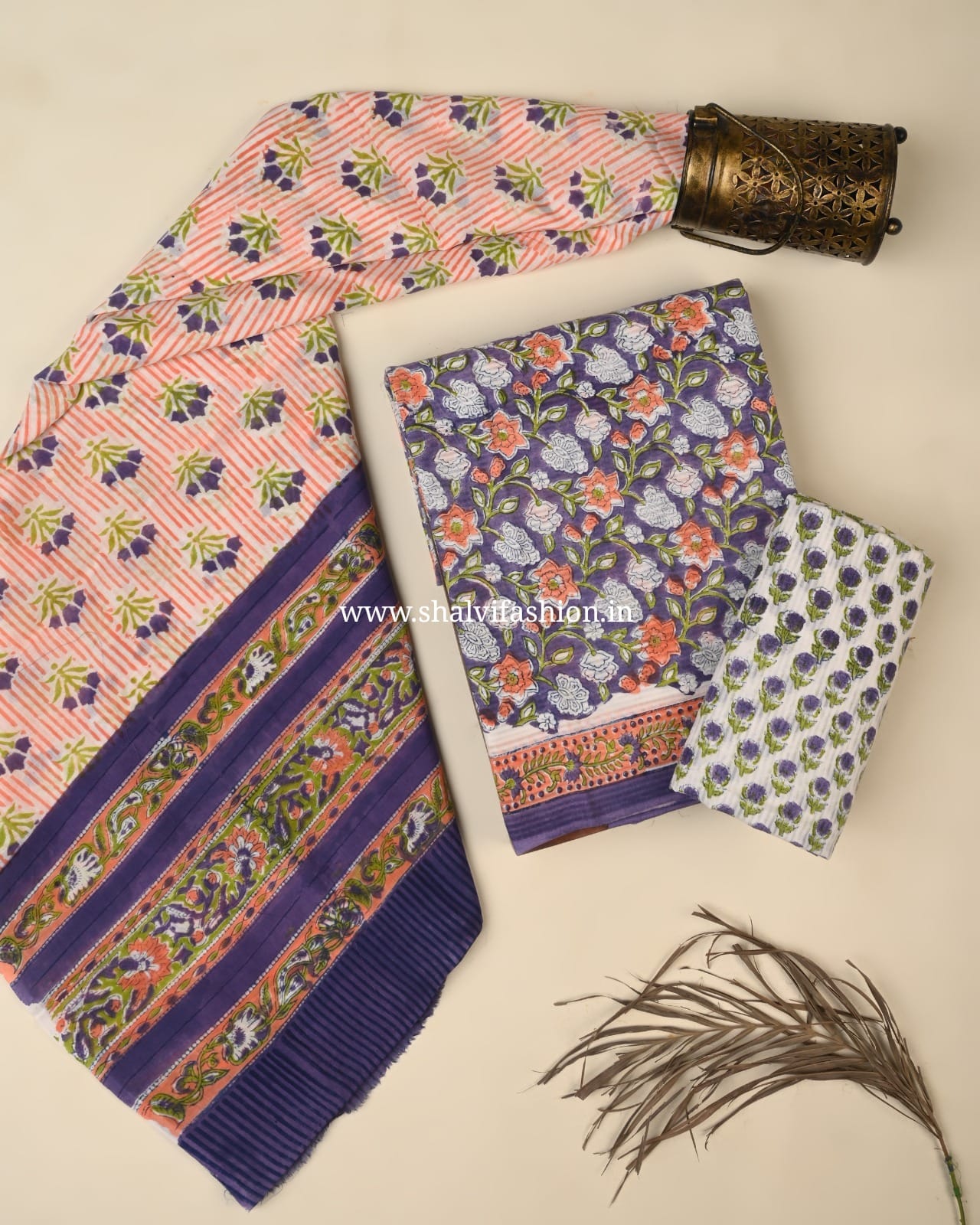Shop block print cotton suits with mulmul dupatta (PRMUL564)