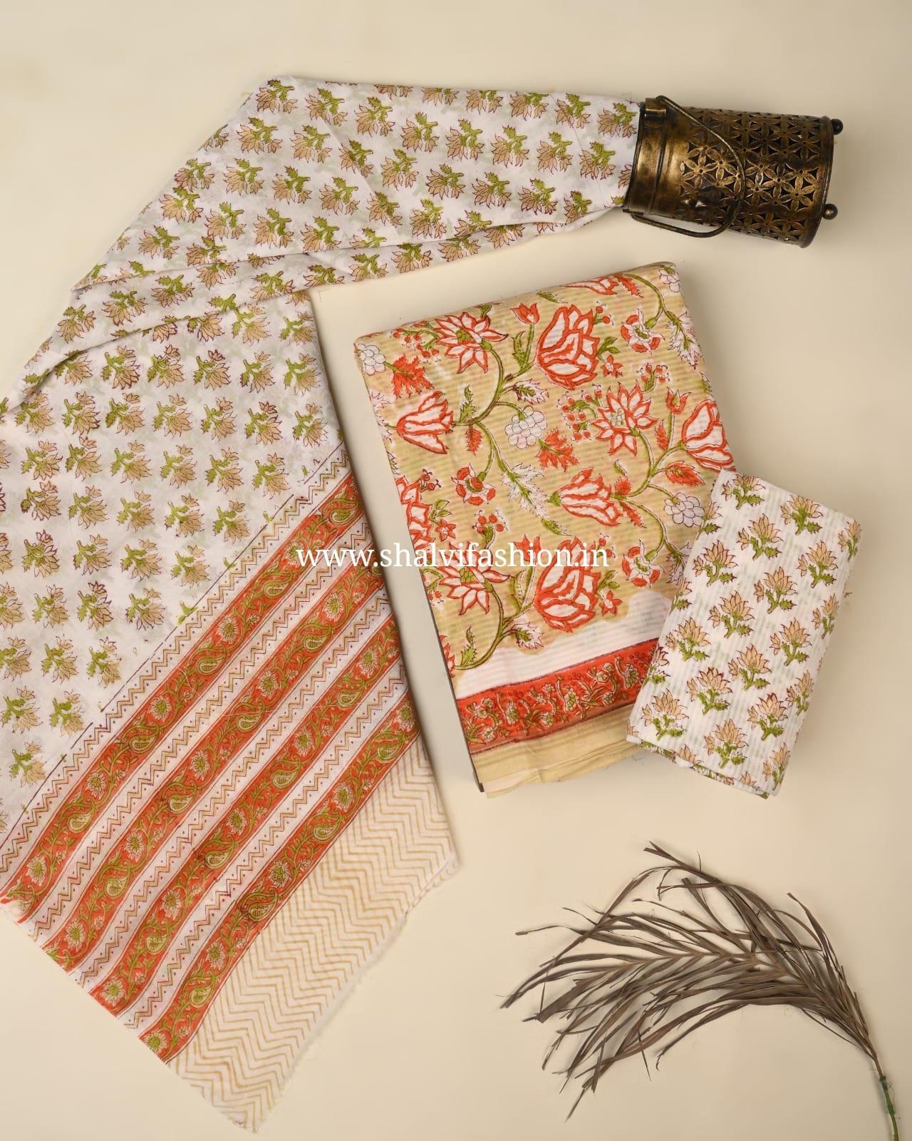 Shop unstitched block print cotton suits with mulmul dupatta (PRMUL565)