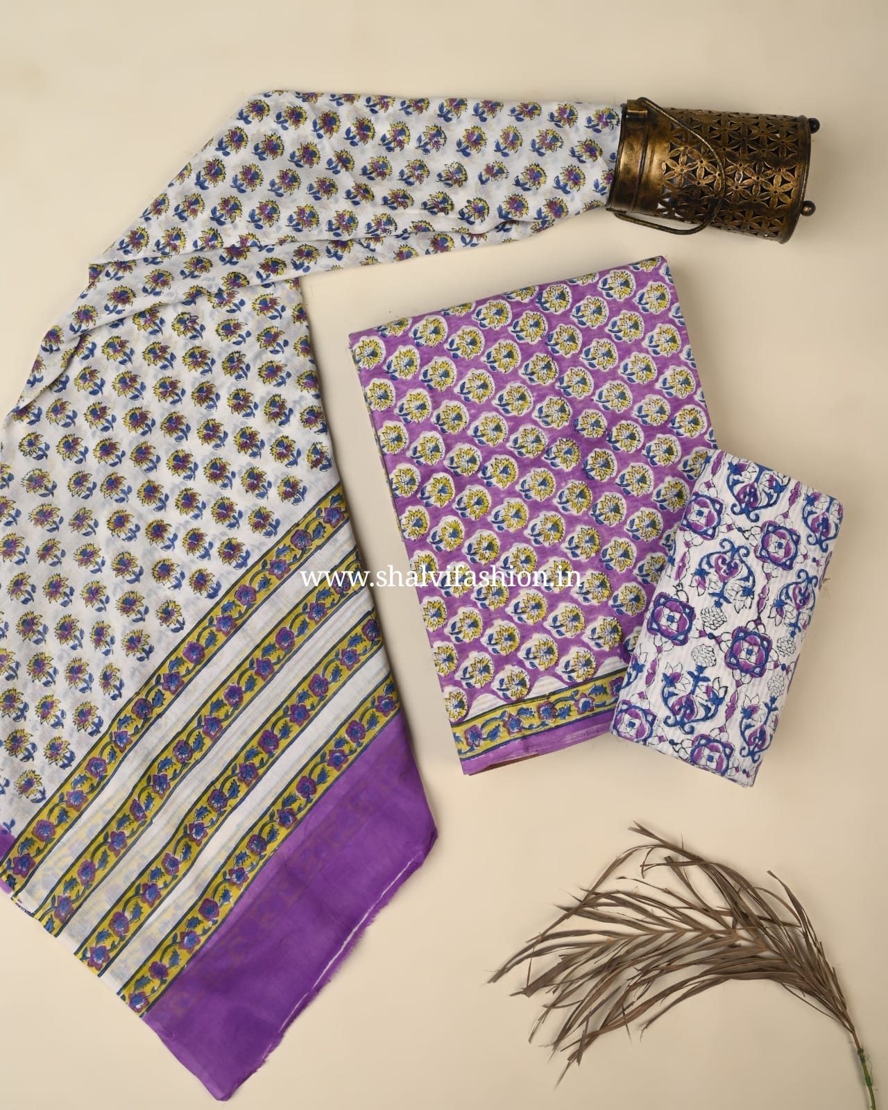 Shop hand block print cotton suits with mulmul dupatta (PRMUL566)