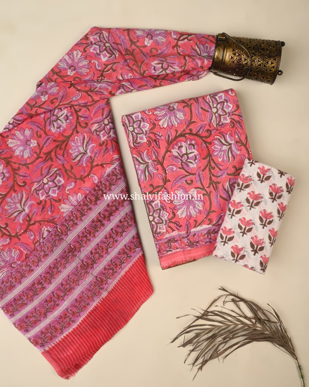 Shop jaipuri print cotton suits with mulmul dupatta (PRMUL568)