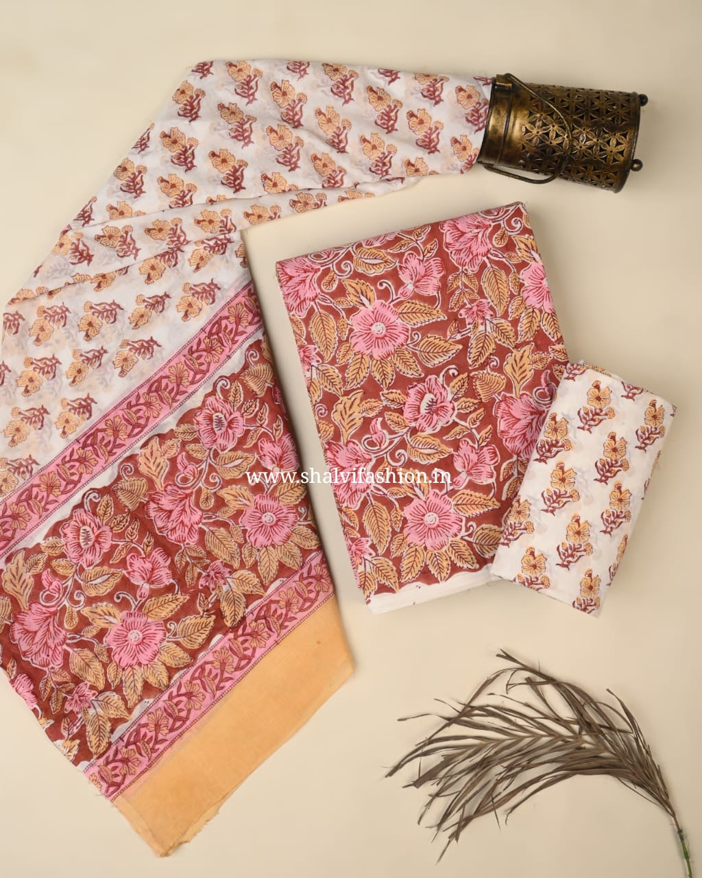 Shop unstitched block printed textured line cotton suits in jaipur (PRMUL570)