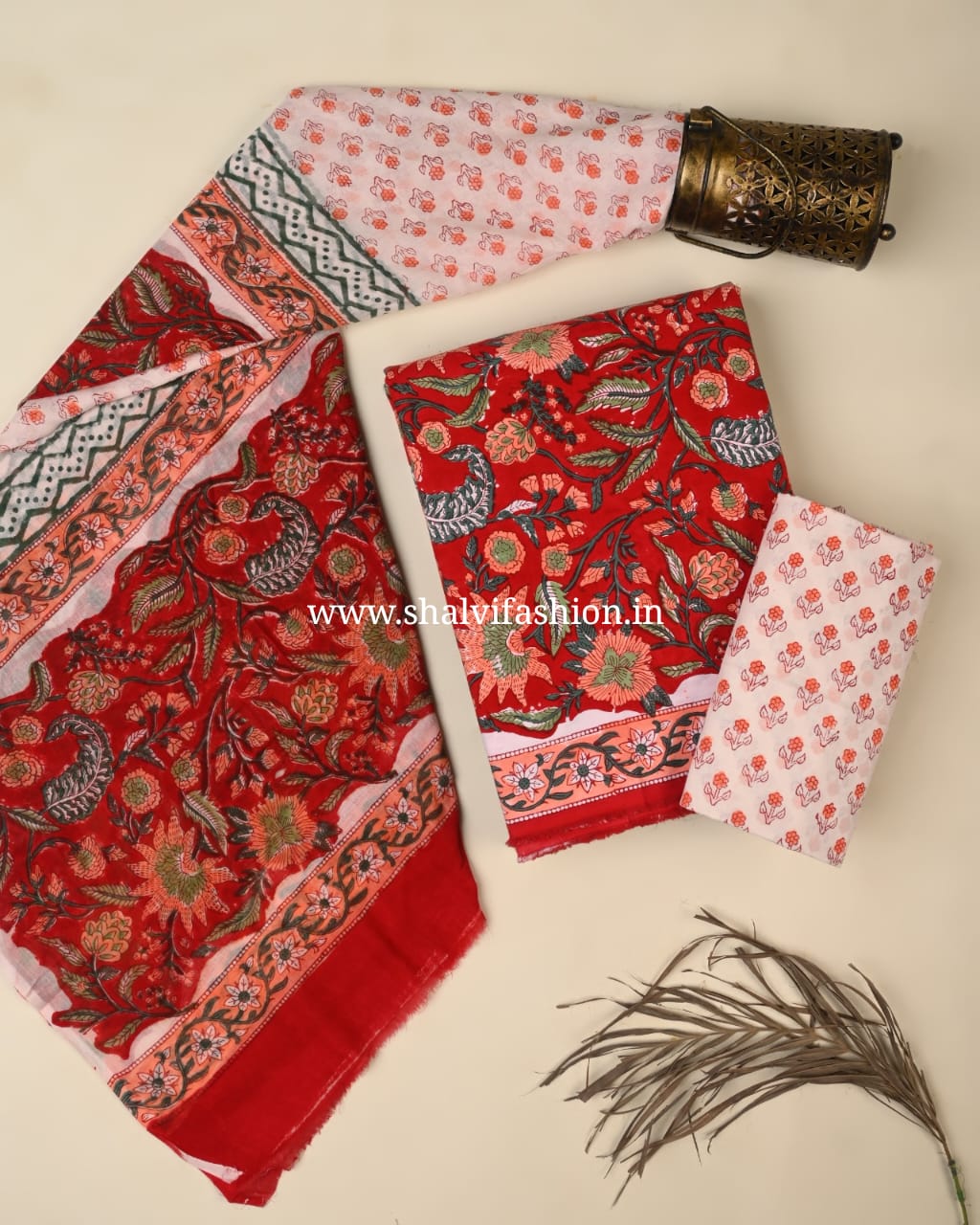 Shop hand block print cotton suits with mulmul dupatta (PRMUL575)
