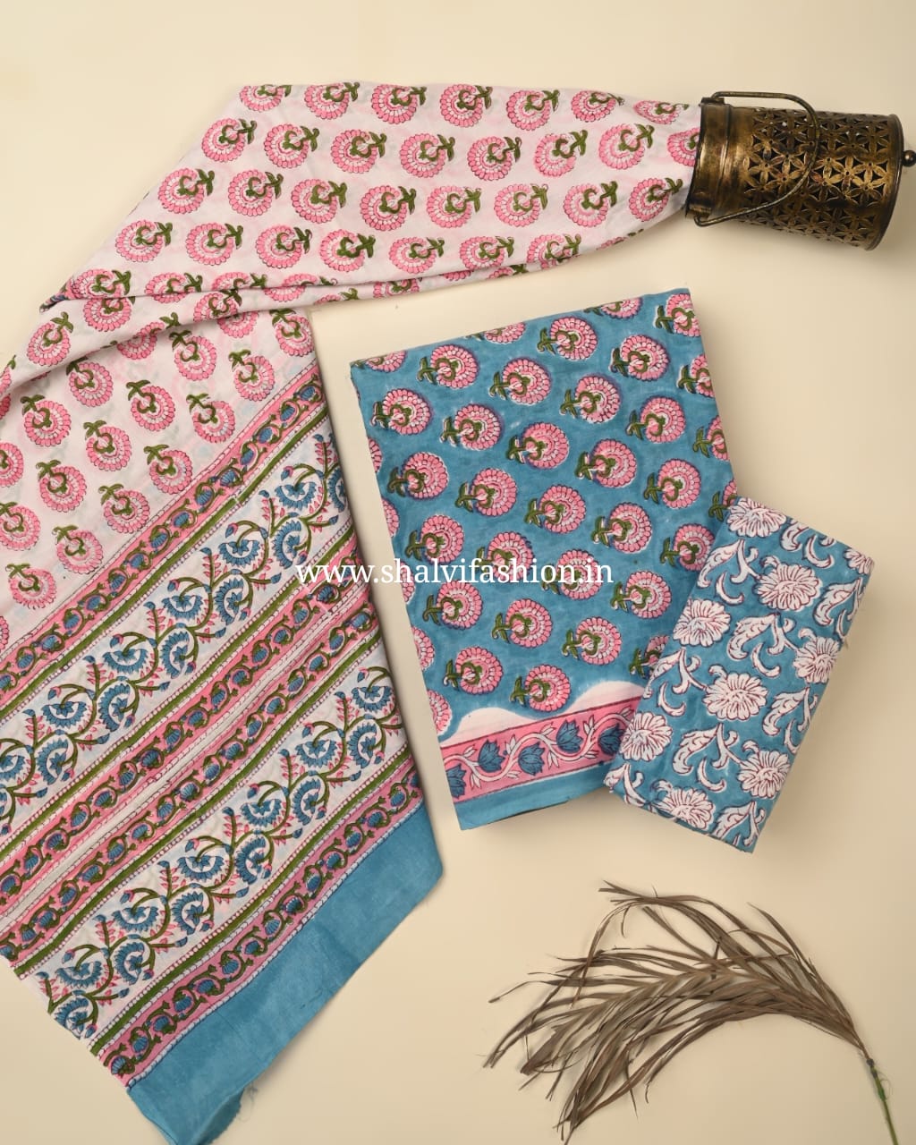 Shop unstitched block print cotton suits with mulmul dupatta (PRMUL577)