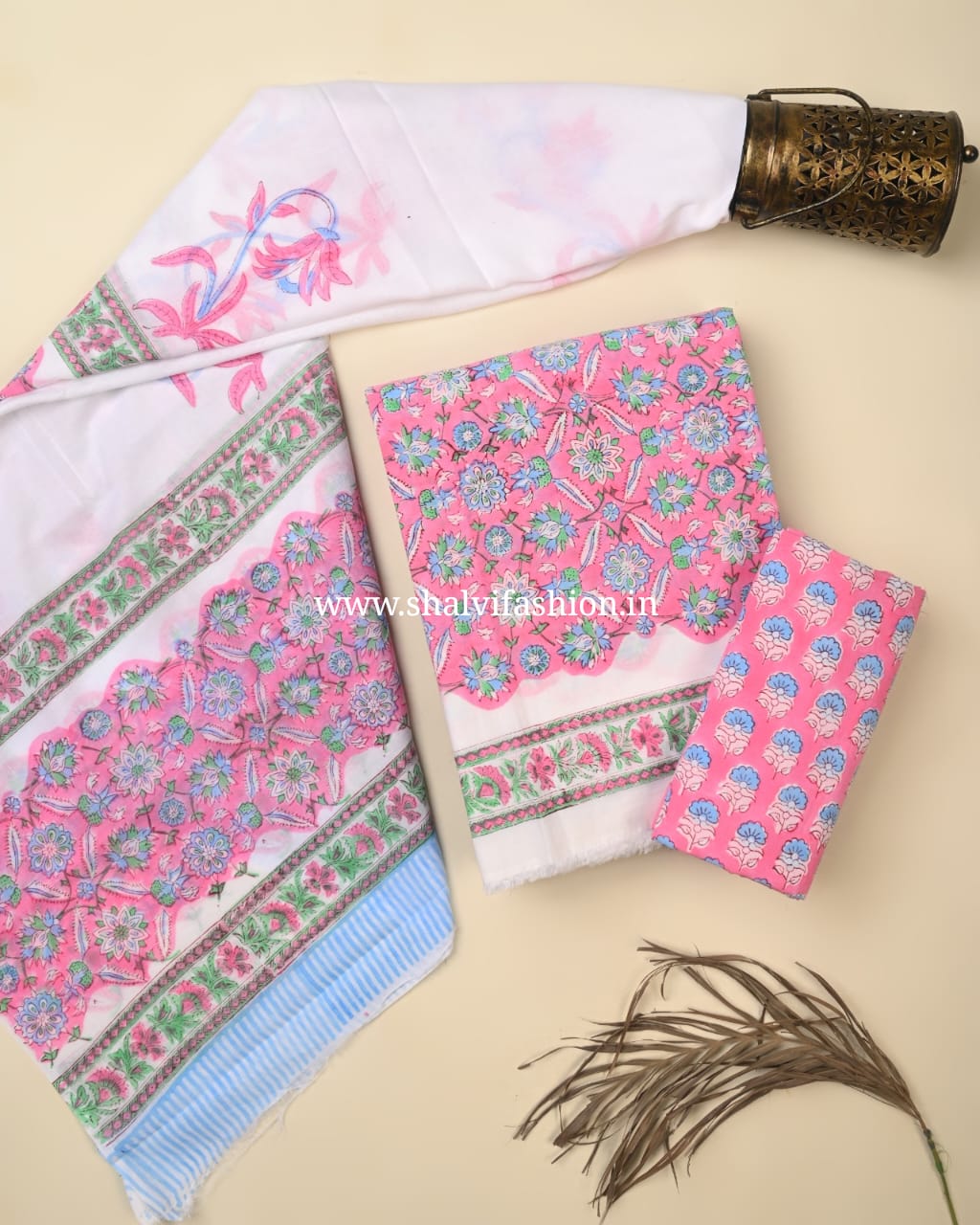 Shop jaipuri print cotton suits with mulmul dupatta (PRMUL579)