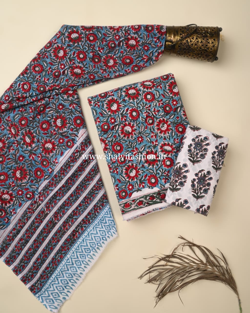 Shop jaipuri printed cotton suits with mulmul dupatta online (PRMUL583)