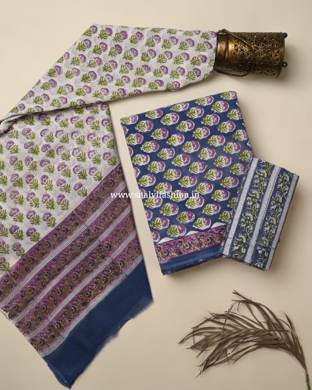 Shop block printed cotton suits with mulmul dupatta (PRMUL585)