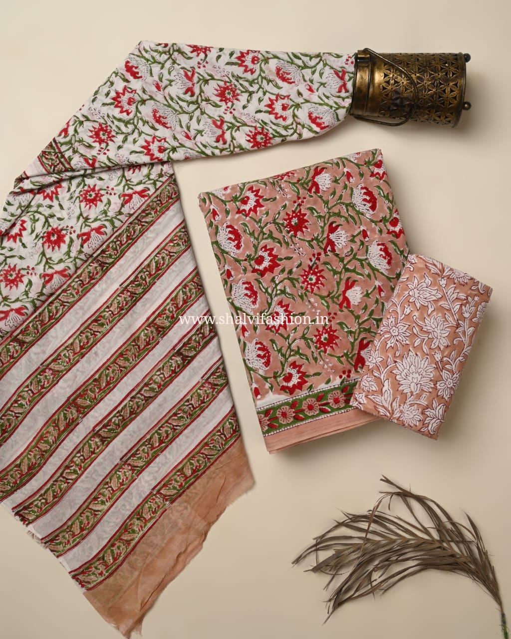 Shop jaipuri print cotton suits with mulmul dupatta (PRMUL588)