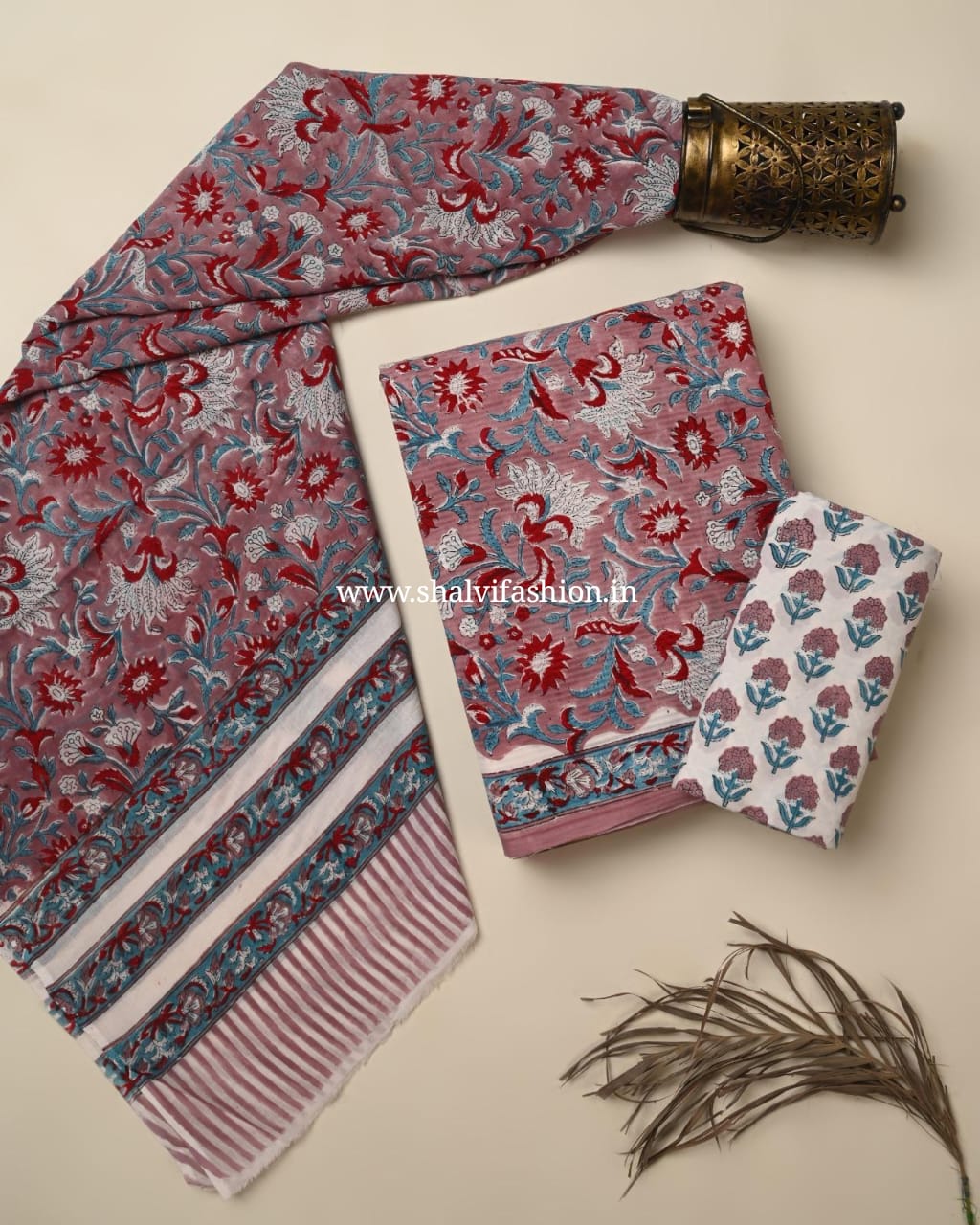 Shop block printed cotton suits with mulmul dupatta in jaipur (PRMUL593)