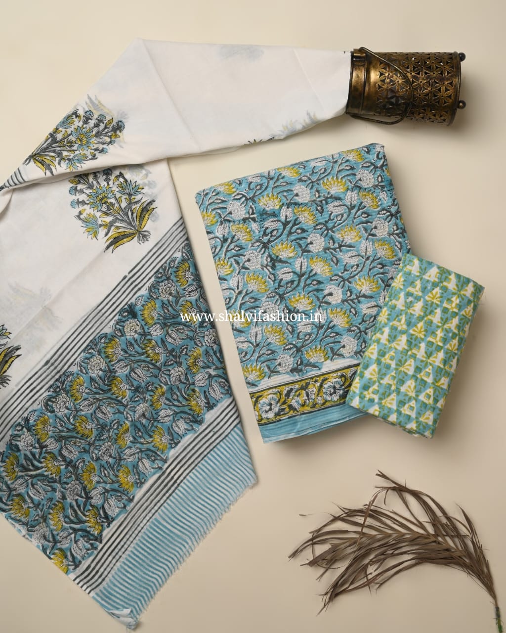Shop hand block print cotton suits with mulmul dupatta (PRMUL595)