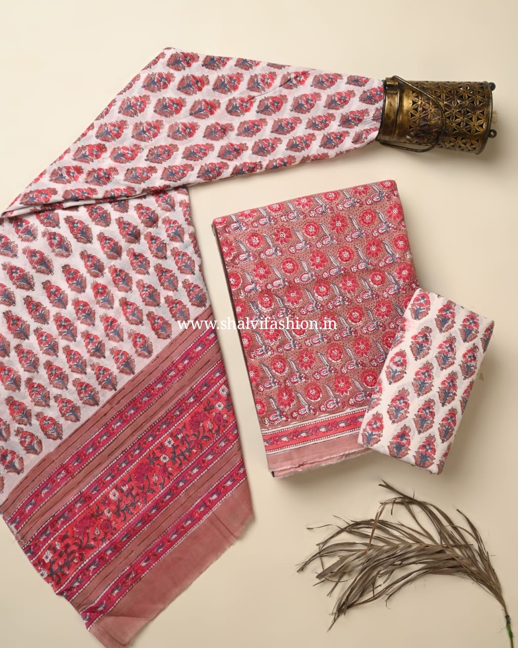 Shop block printed cotton suits with mulmul dupatta (PRMUL598)