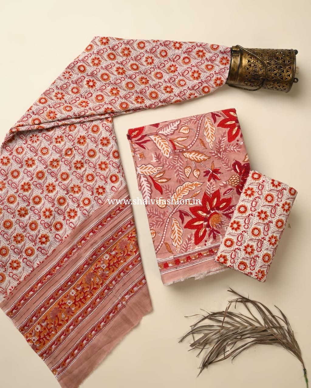 Shop block printed cotton suits with mulmul dupatta online (PRMUL601)