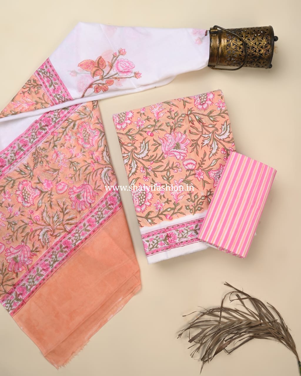 Shop jaipuri print cotton suits with mulmul dupatta (PRMUL606)