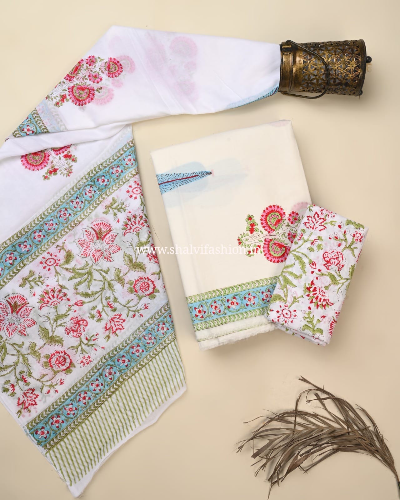 Shop unstitched hand block print cotton suits with mulmul dupatta (PRMUL610)