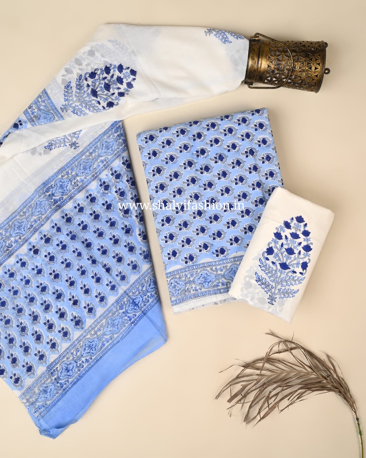 Shop unstitched block printed cotton suits with mulmul dupatta (PRMUL653)
