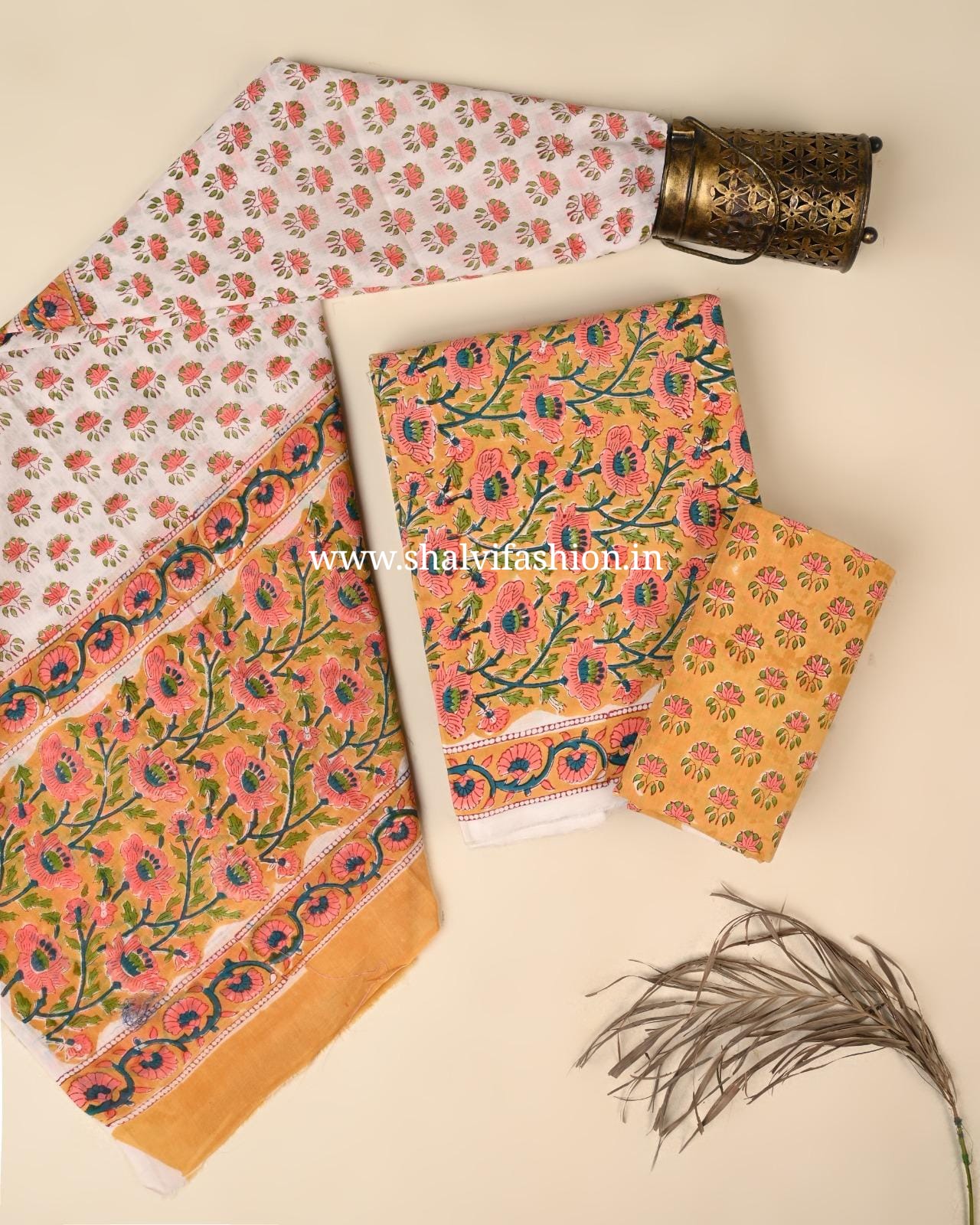 Shop jaipuri block printed cotton suits with mulmul dupatta (PRMUL655)