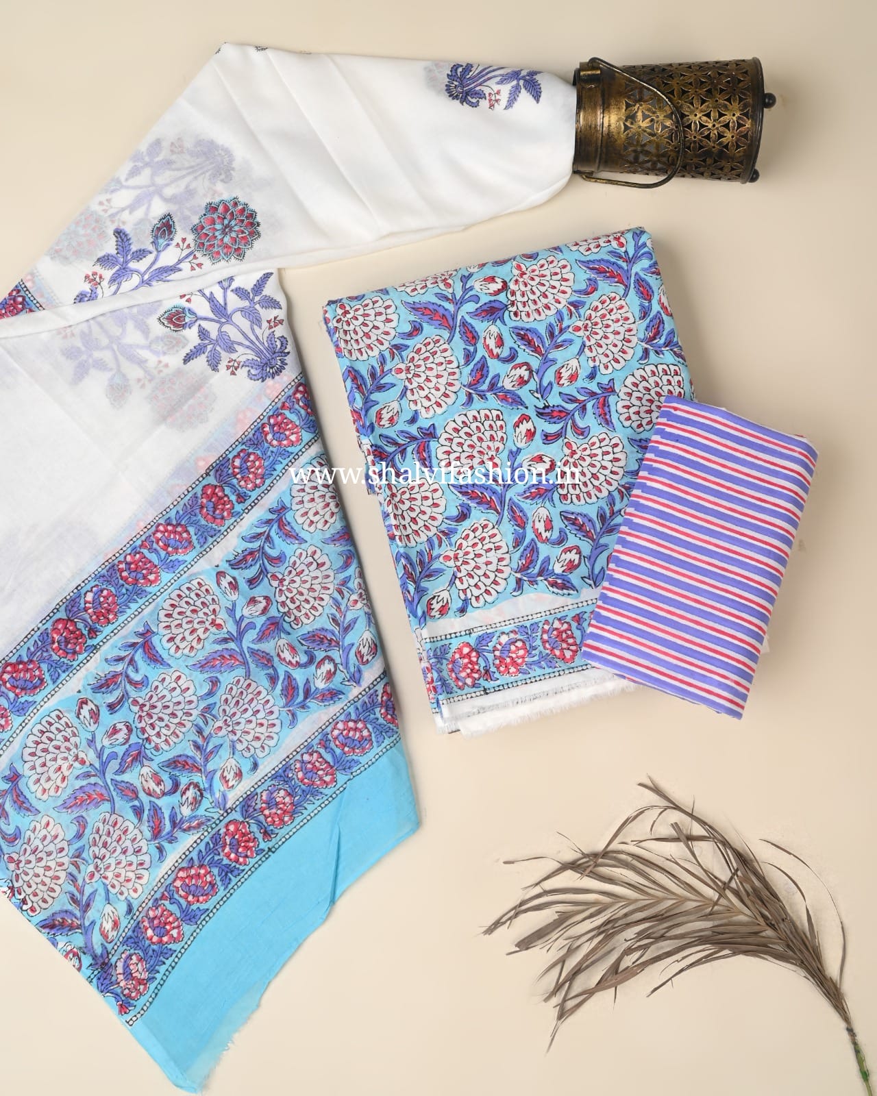 Shop block printed cotton suits with mulmul dupatta (PRMUL663)