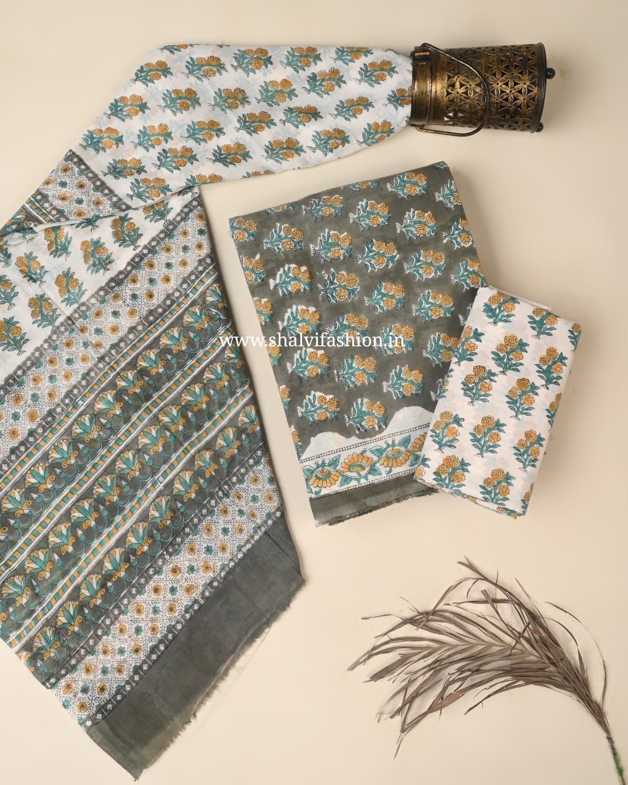 Shop unstitched block print cotton suits with mulmul dupatta (PRMUL665)