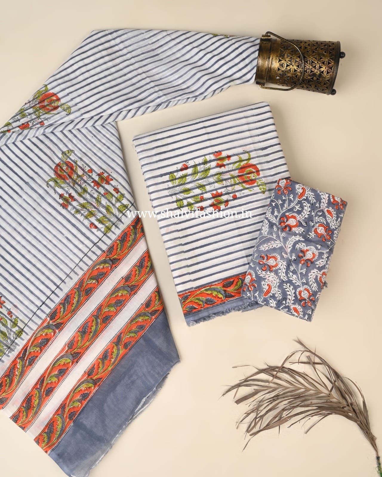 Shop block printed cotton suits with mulmul dupatta (PRMUL681)