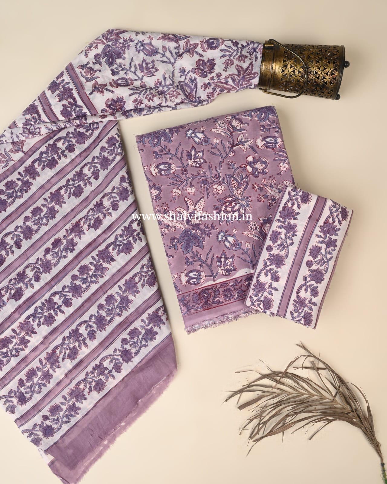 Shop hand block print cotton suits with mulmul dupatta (PRMUL685)