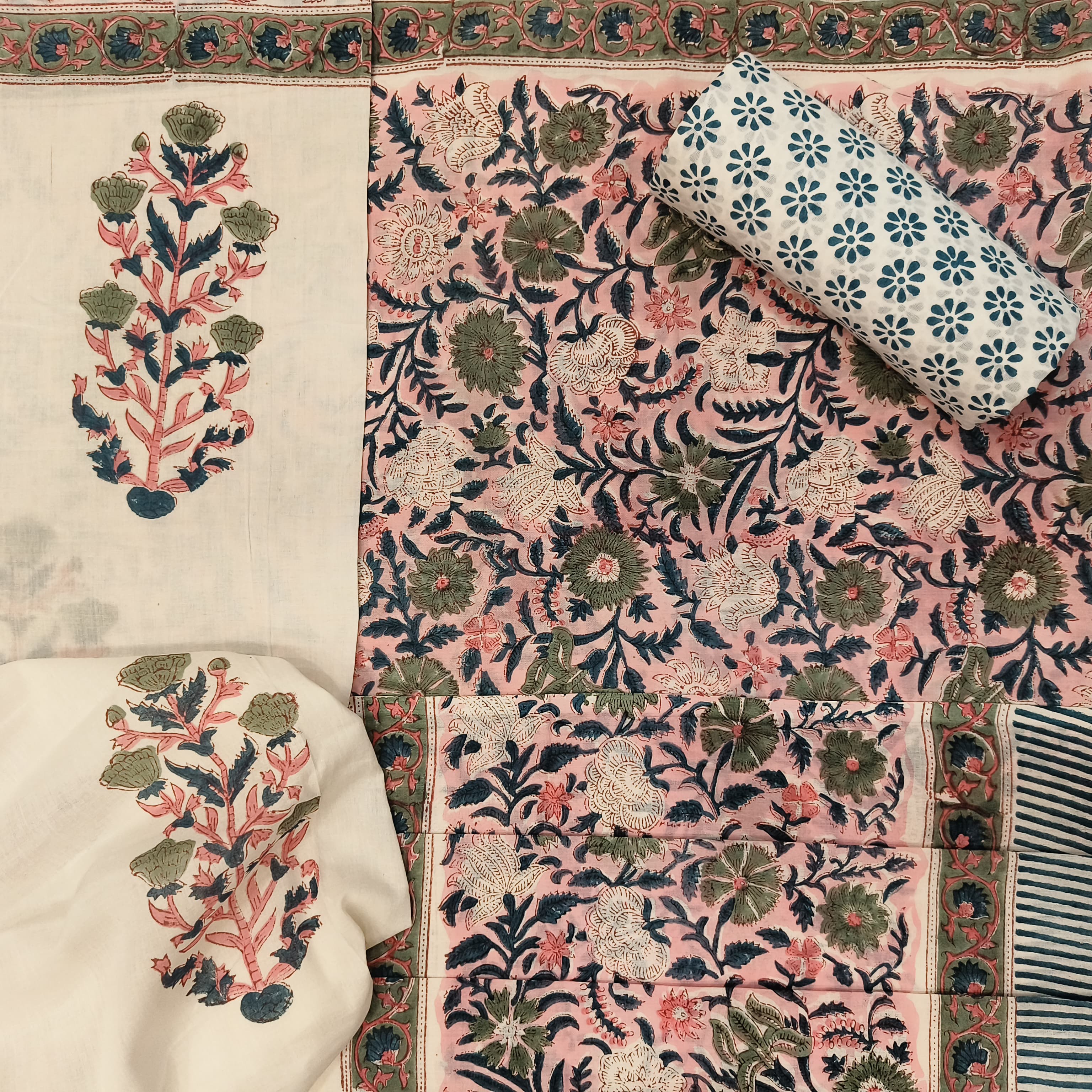 Designer Block Print Pure Cotton Suit with Mulmul Dupatta (PRMUL69) - ShalviFashion