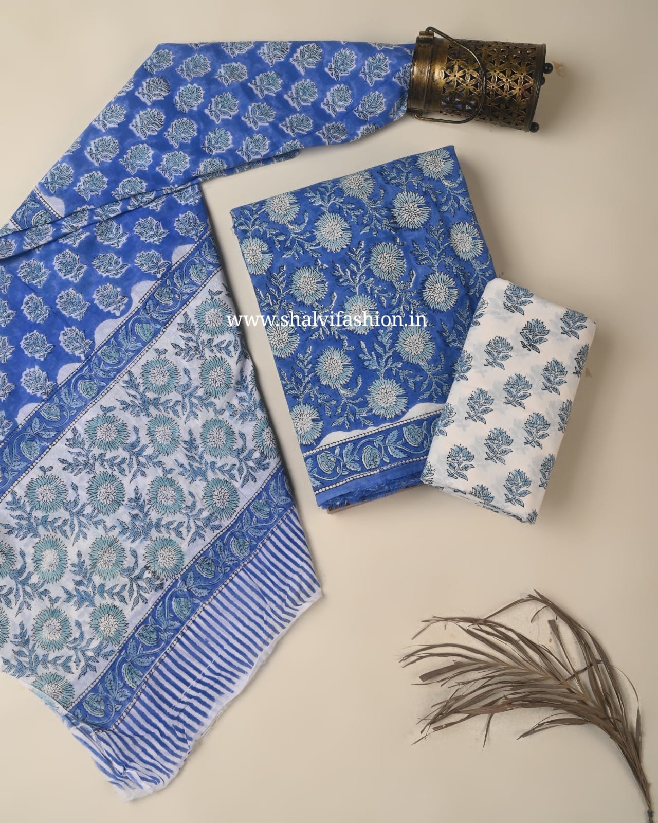 Shop block print cotton suits with mulmul dupatta (PRMUL691)