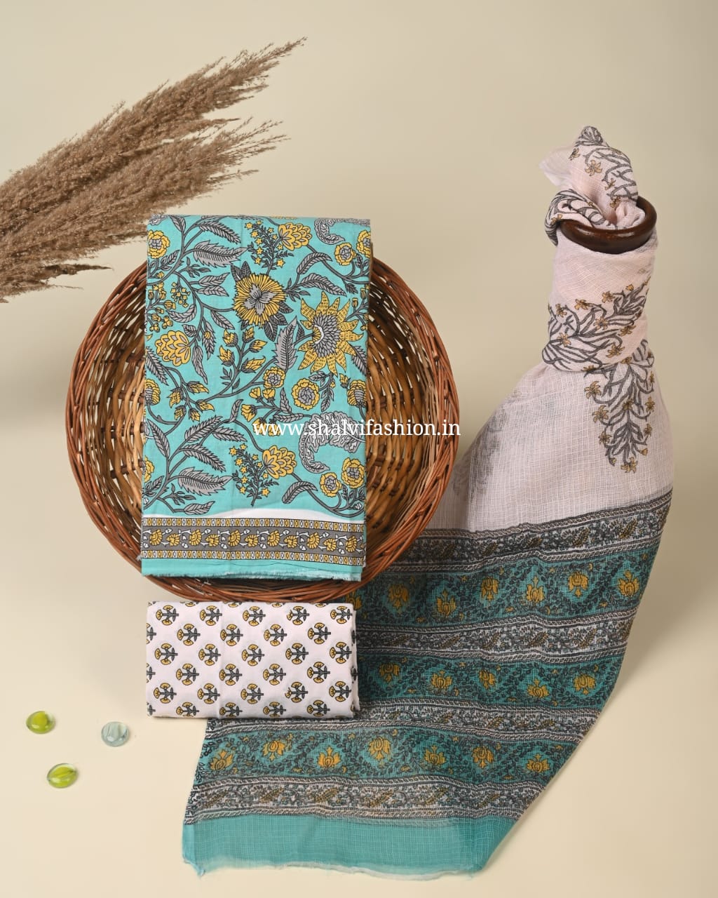 Shop hand screen print cotton suits with kota dupatta (RKD104)