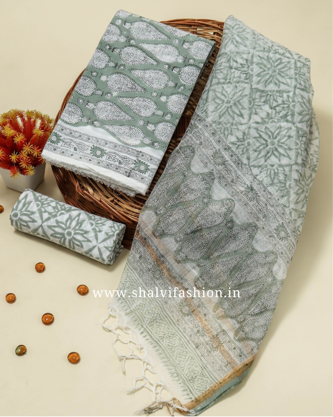 Shop Unstitched Cotton Suit set with Kota Doria Dupatta (RKD152)