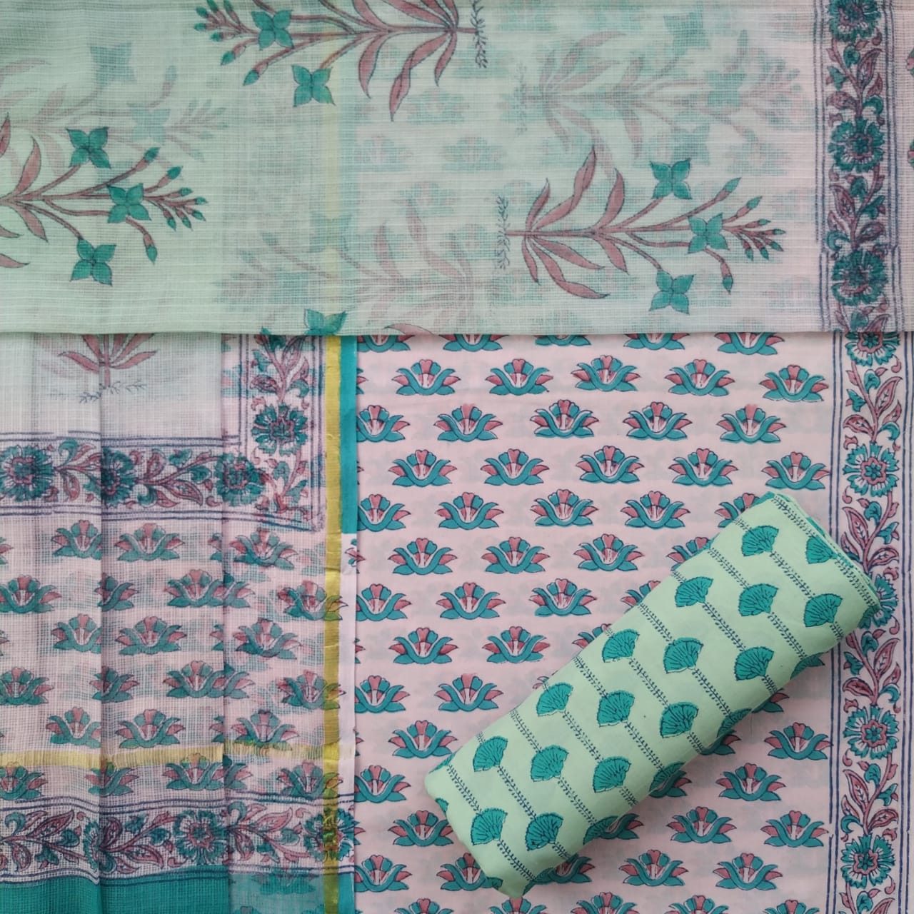 Shop unstitched block print cotton suits with kota dupatta (RKD34)