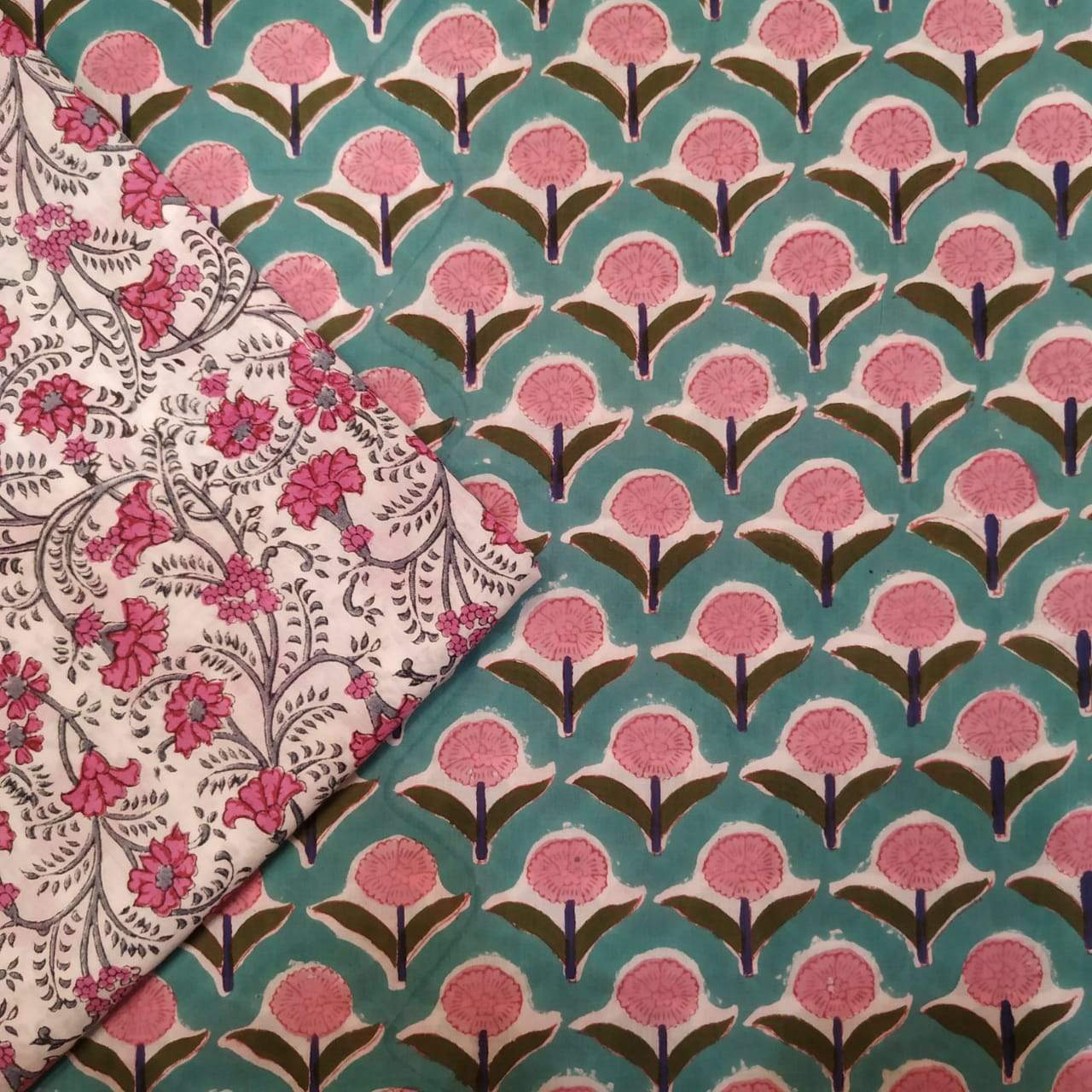 Designer Hand Block Print Pure Cotton Running Fabric  (2PBP40) - ShalviFashion