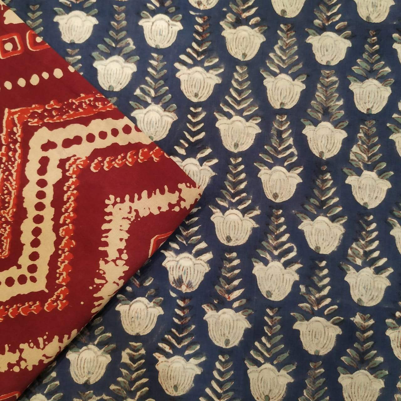 Designer Hand Block Print Pure Cotton Running Fabric  (2PBP43) - ShalviFashion