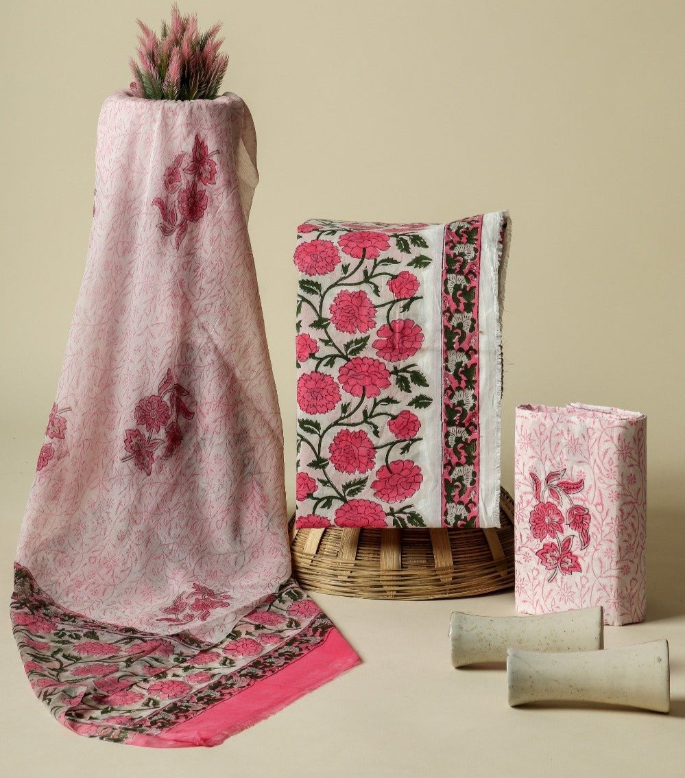 Shop Hand Block Print Pure Cotton Suits online with Chiffon Dupatta (PCHF238)