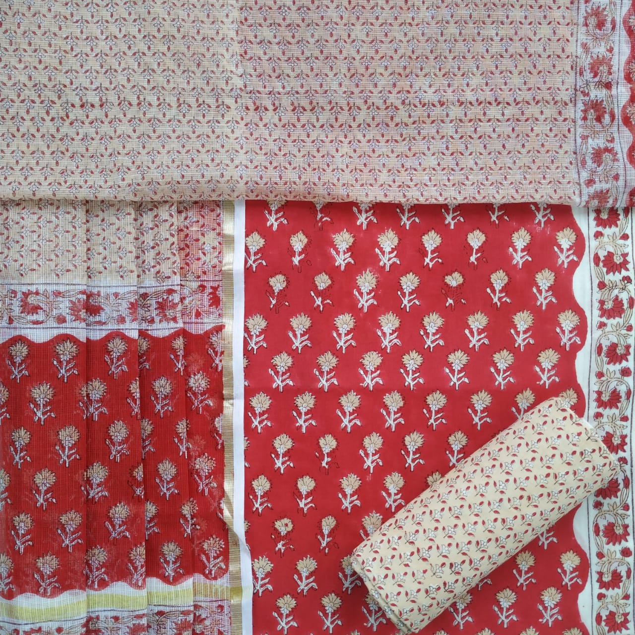 Shop Unstitched Hand Block Print Pure Cotton Suit Material with Kota Doria Dupatta (3CKD338)