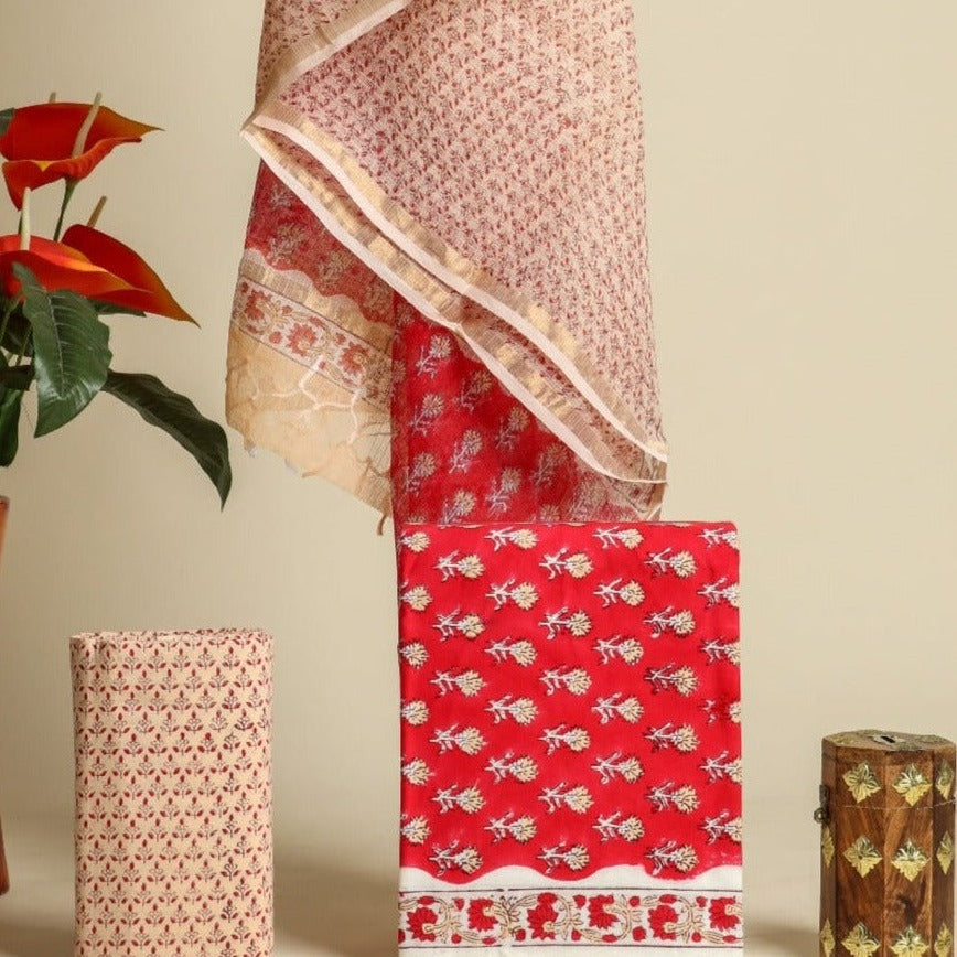 Shop Unstitched Hand Block Print Pure Cotton Suit Material with Kota Doria Dupatta (3CKD338)