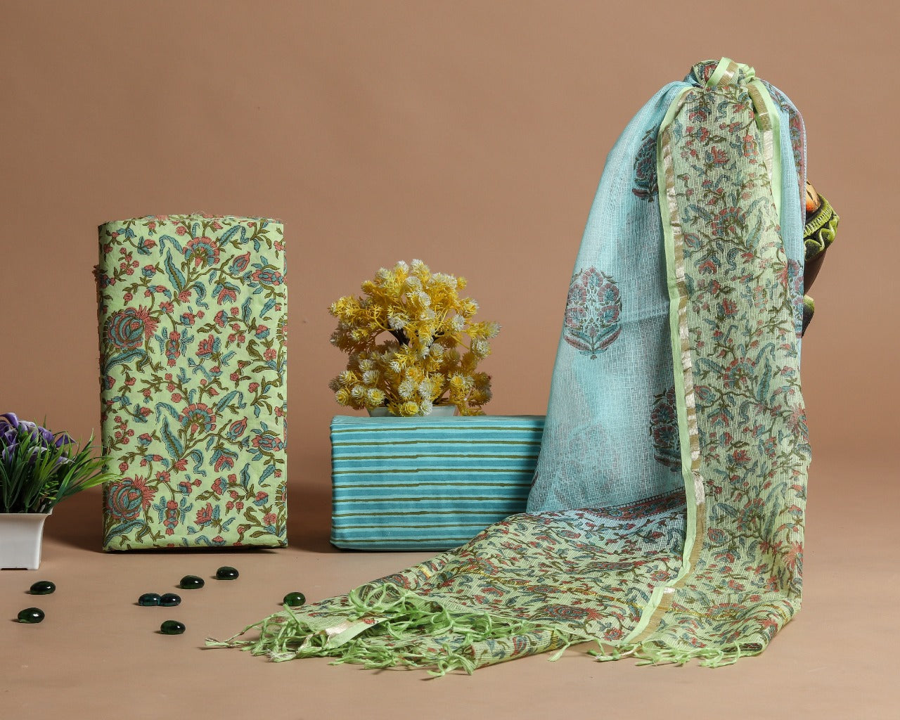 Shop Unstitched Hand Block Print Pure Cotton Suit Material with Kota Doria Dupatta (3CKD361)