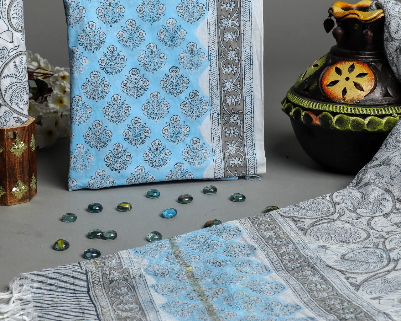 Shop Unstitched Hand Block Print Pure Cotton Suit Material with Kota Doria Dupatta (3CKD380