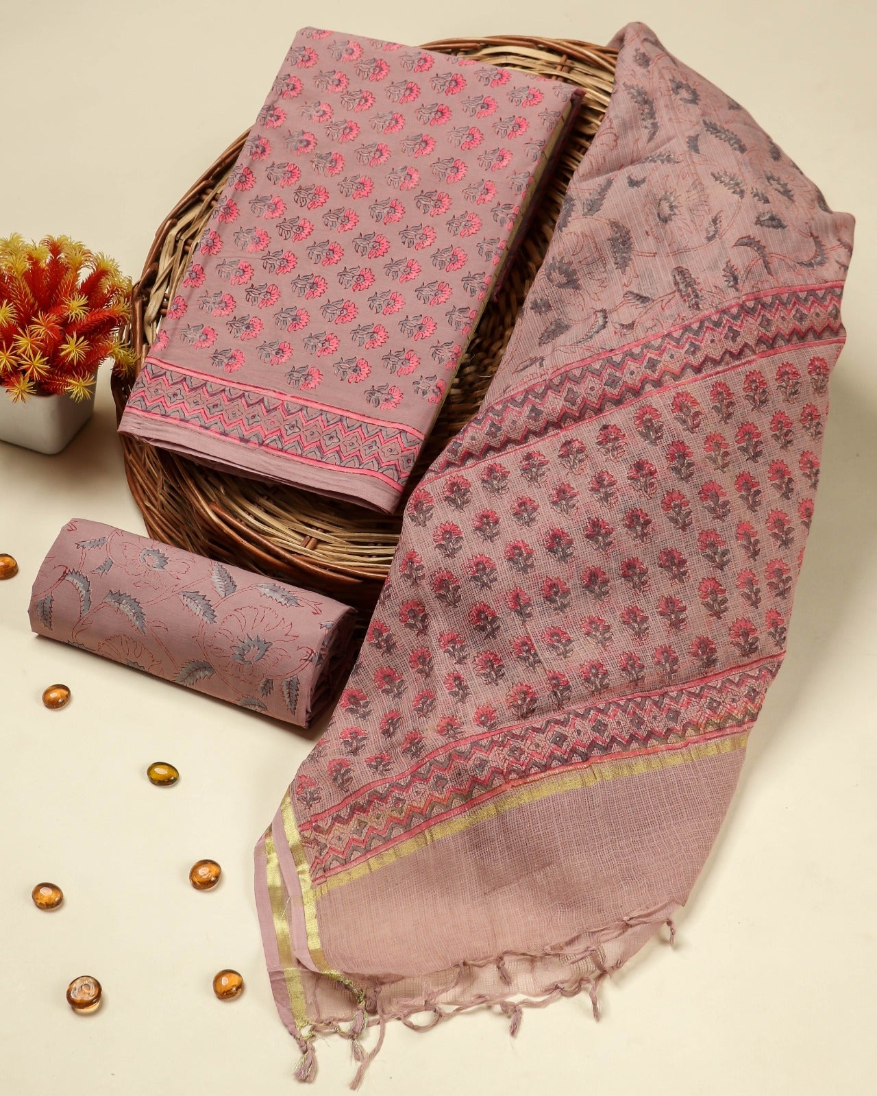 Shop Unstitched Block Print Pure Cotton Suit Material with Kota Doria Dupatta (3CKD396)