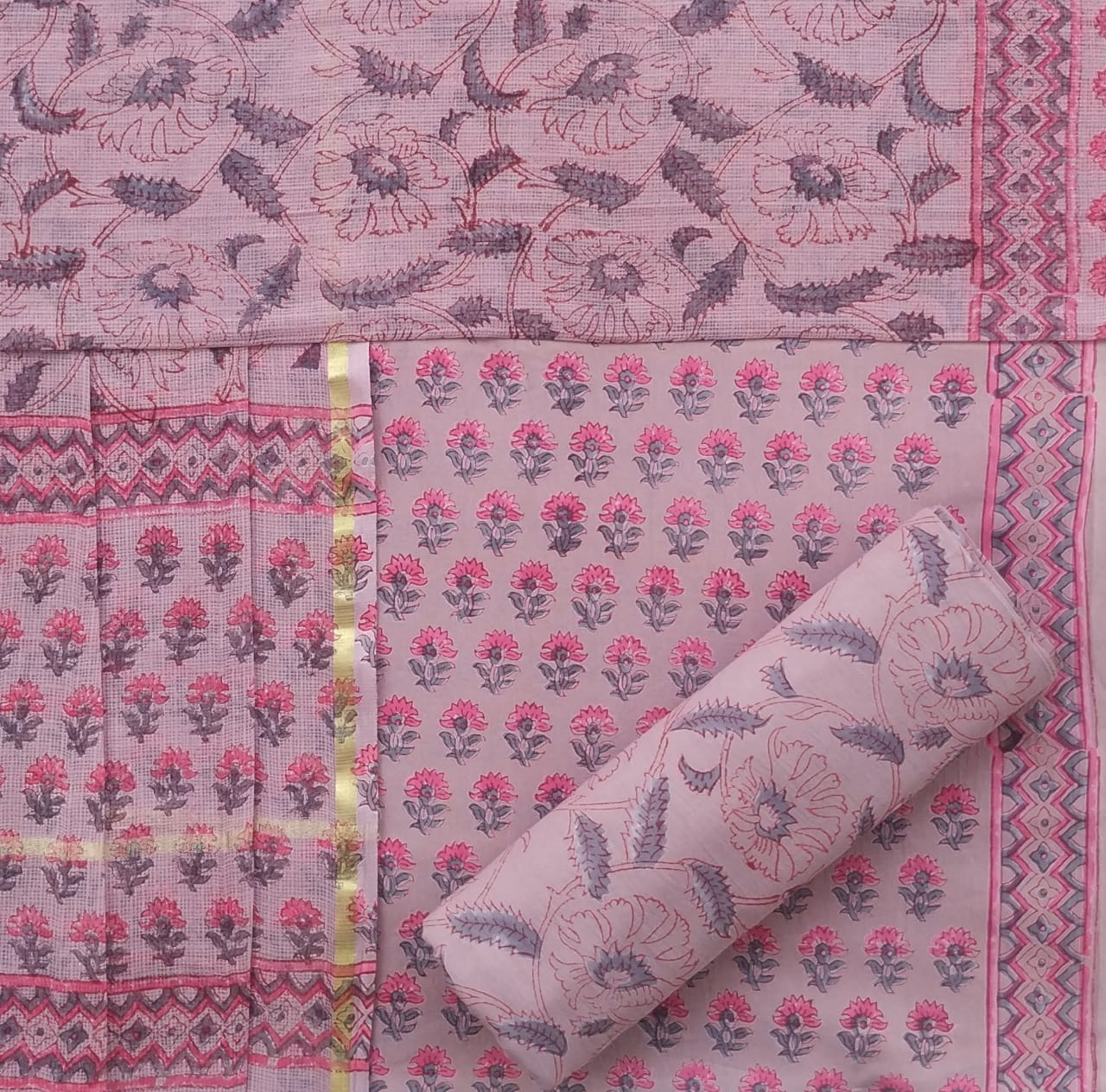 Shop Unstitched Block Print Pure Cotton Suit Material with Kota Doria Dupatta (3CKD396)