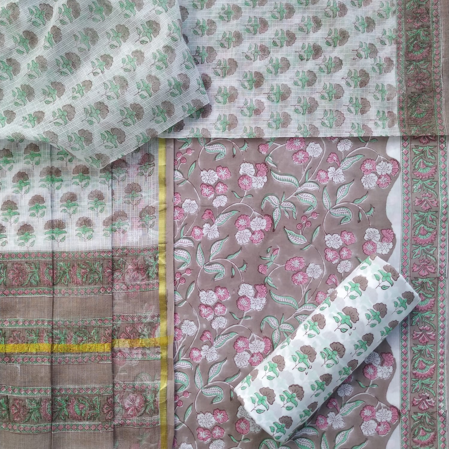 shop hand block print cotton suit with kota doria dupatta online