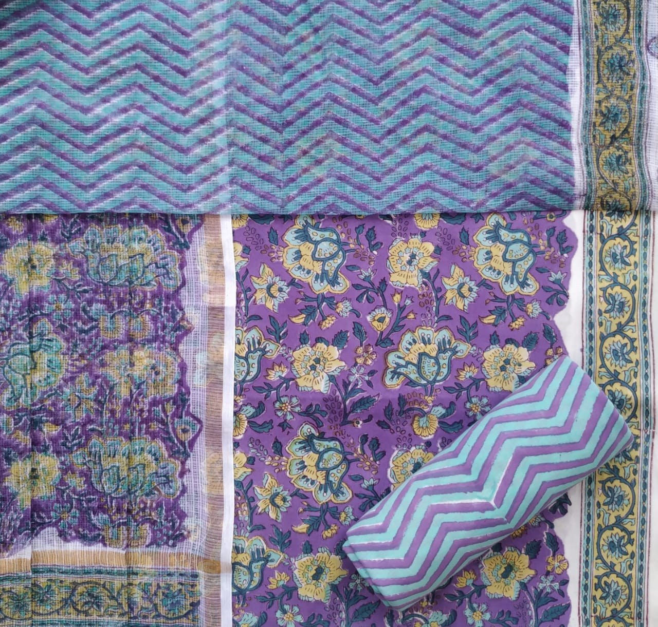 Shop block printed cotton suit sets with kota dupatta online (3CKD684)