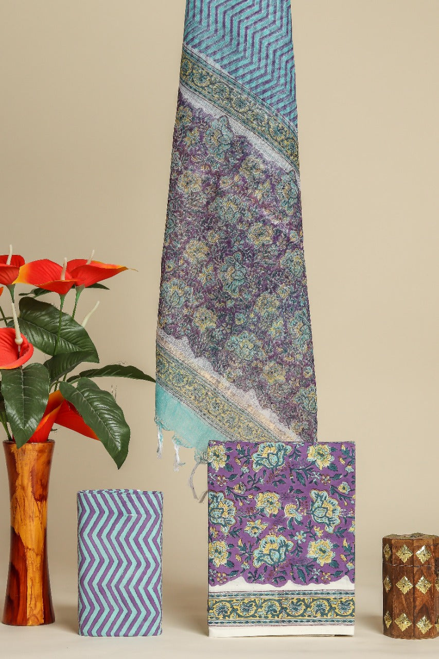 Shop block printed cotton suit sets with kota dupatta online (3CKD684)